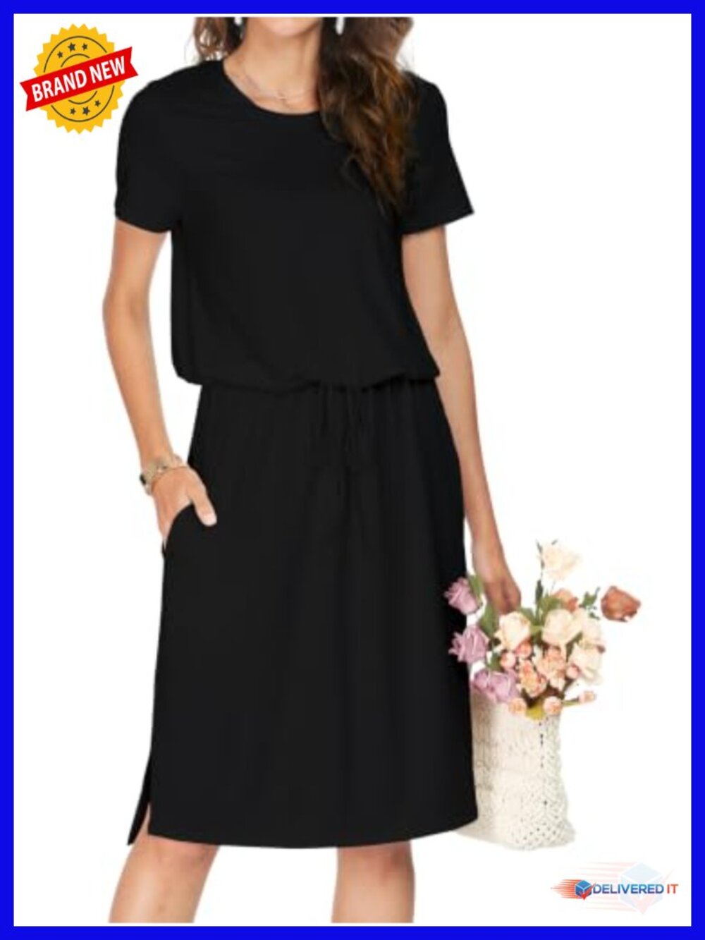 Womens Casual Midi Dress Pockets Adjustable Drawstring Waist Knee Length